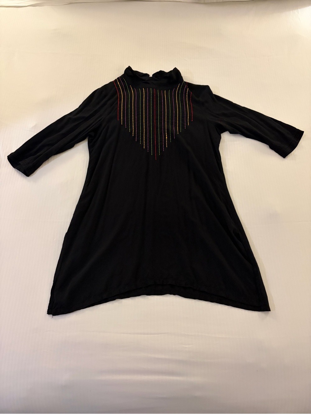 Yellow Etrie Black Embroidered Mock Neck Tunic Dress Women’s L 100% Viscose Boho